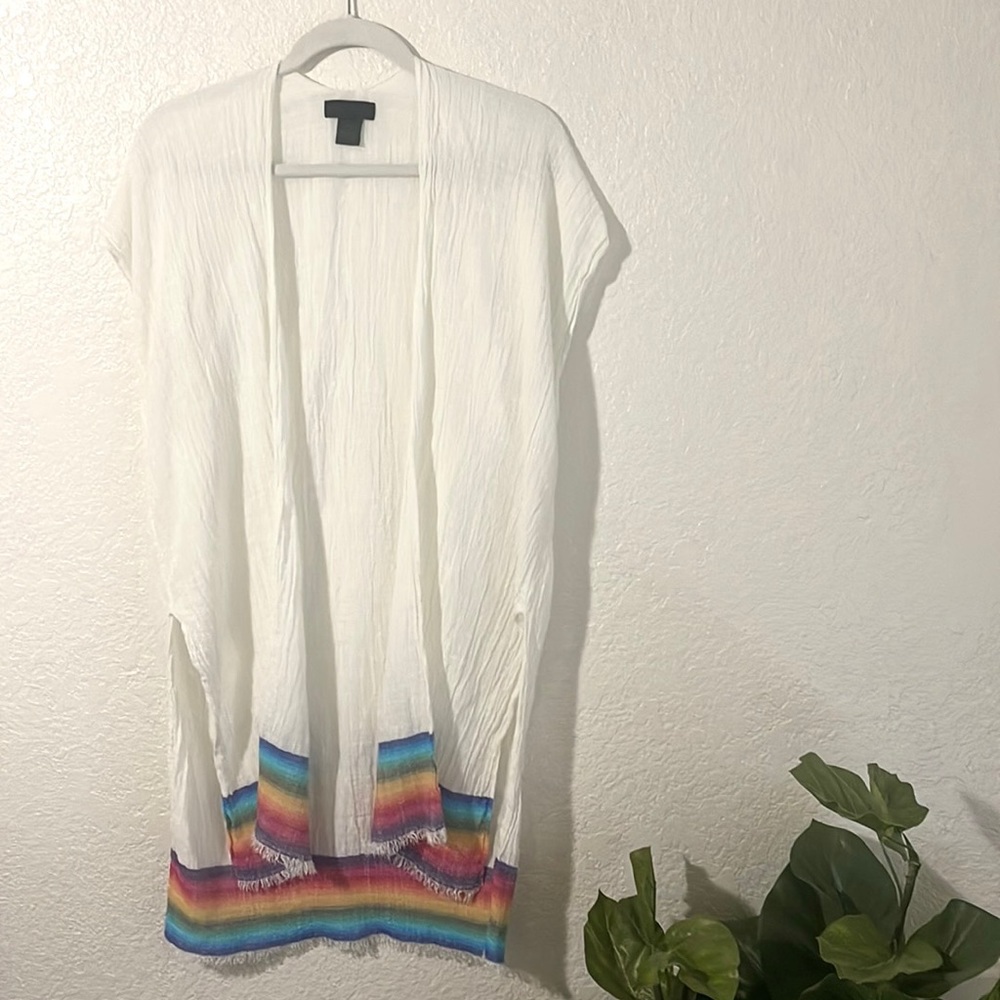Steve Madden Mosaic Striped Beach Cover Up Kimono OSFM Frayed Ivory